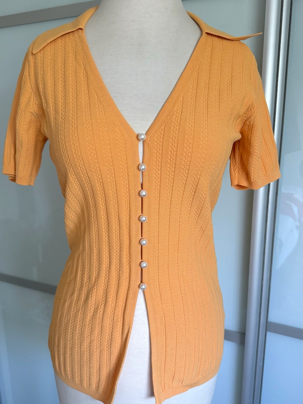 Sandro Paris Porto Ribbed Pearl Button Cardigan Top Apricot Orange